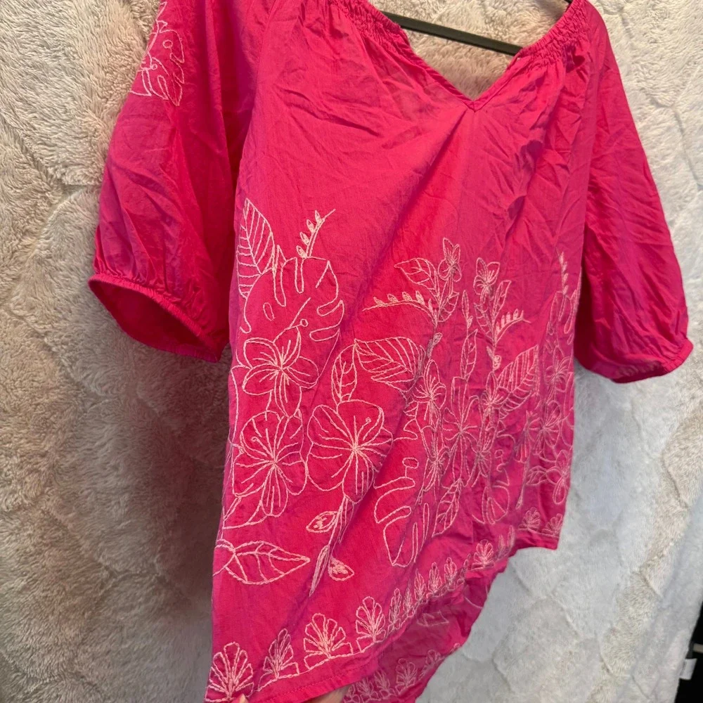 Hot Pink Embroidered Peasant Top Monstera Floral Tassel Puff Sleeve Blouse M - Picture 10 of 10